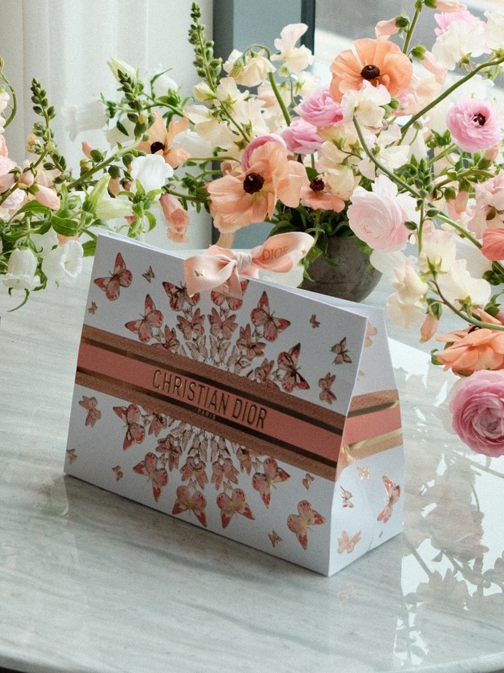 Dior White & Pink Butterfly Gift Envelope with Gold Logo
